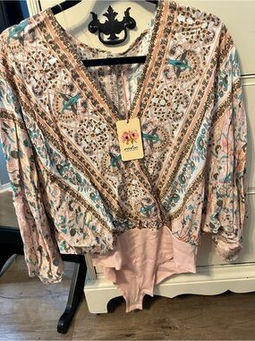 Pink Floral Boho Wrap-Style Women's bodysuit